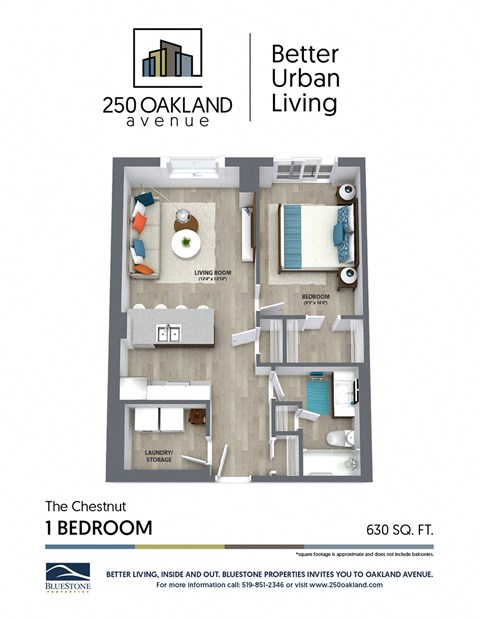 Floor plan for 1 bed, 1 bath, 630 sqft